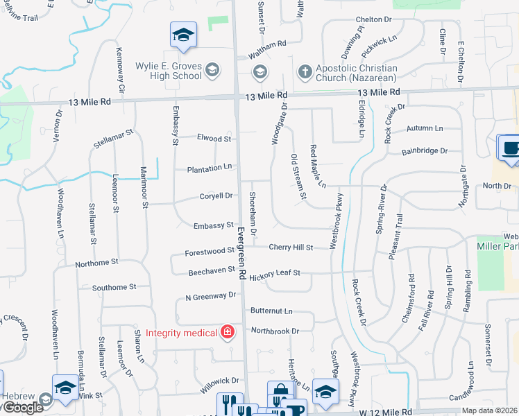 map of restaurants, bars, coffee shops, grocery stores, and more near 30390 Shoreham Drive in Southfield