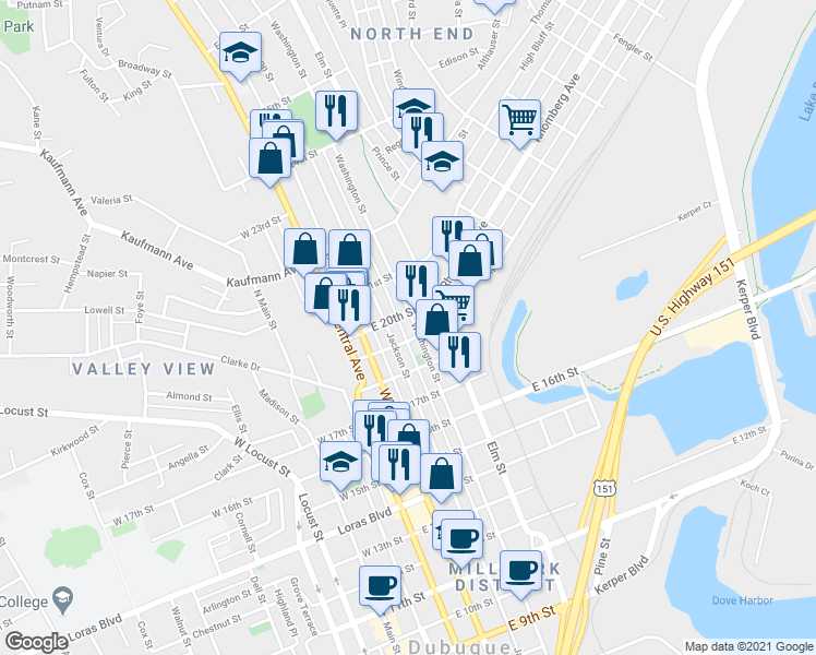 map of restaurants, bars, coffee shops, grocery stores, and more near 1937 Washington Street in Dubuque