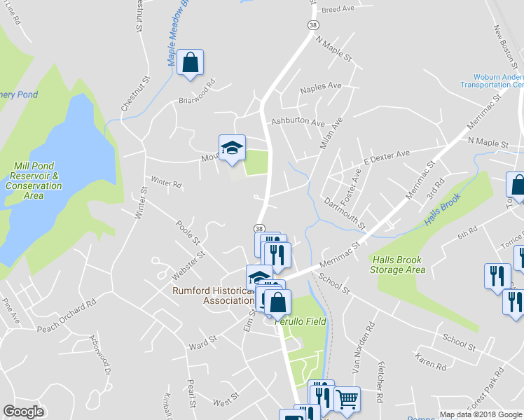 map of restaurants, bars, coffee shops, grocery stores, and more near 960 Main Street in Woburn