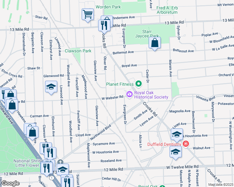 map of restaurants, bars, coffee shops, grocery stores, and more near 2505 Galpin Avenue in Royal Oak