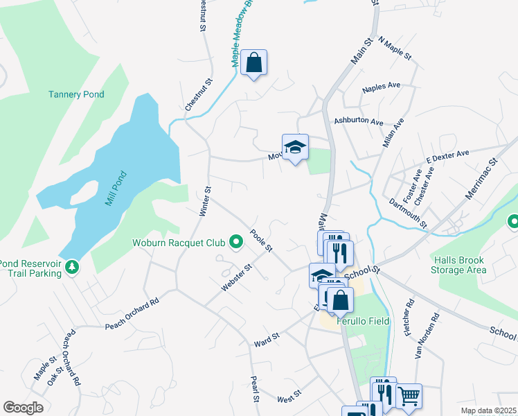 map of restaurants, bars, coffee shops, grocery stores, and more near 3 Mentas Circle in Woburn