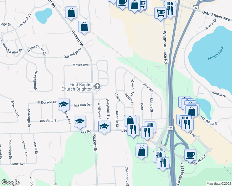 map of restaurants, bars, coffee shops, grocery stores, and more near 6220 Aldine in Brighton