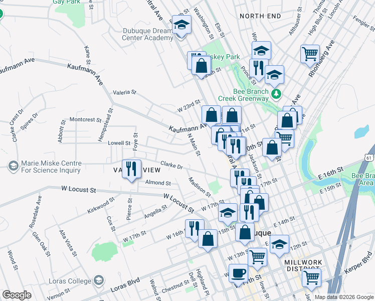 map of restaurants, bars, coffee shops, grocery stores, and more near 215 Lowell Street in Dubuque