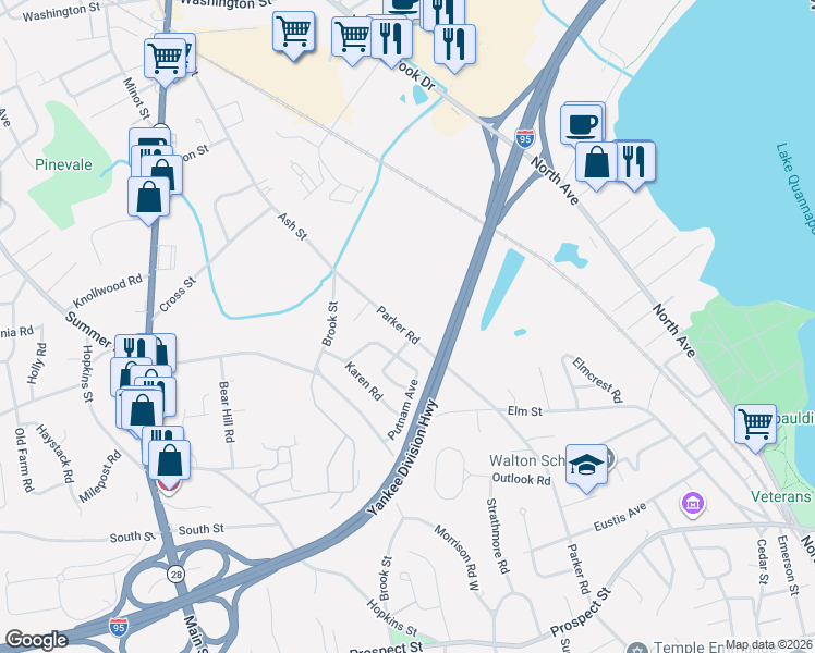 map of restaurants, bars, coffee shops, grocery stores, and more near 149 Parker Road in Wakefield