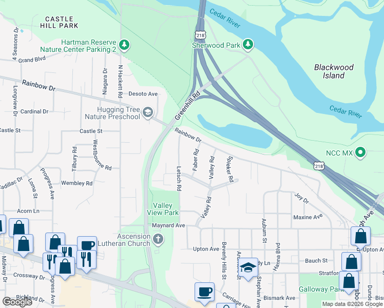 map of restaurants, bars, coffee shops, grocery stores, and more near 128 Faber Road in Waterloo