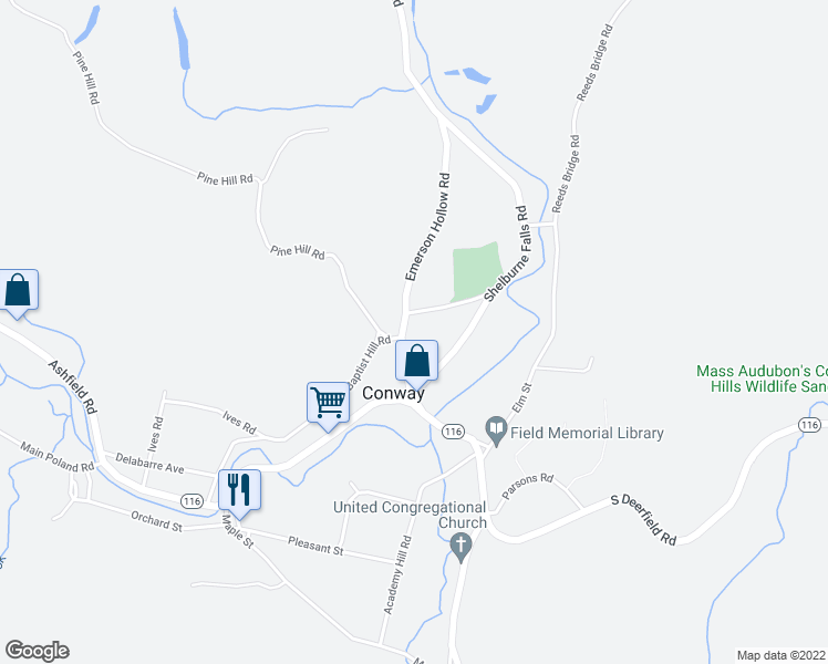 map of restaurants, bars, coffee shops, grocery stores, and more near 60 Baptist Hill Road in Conway