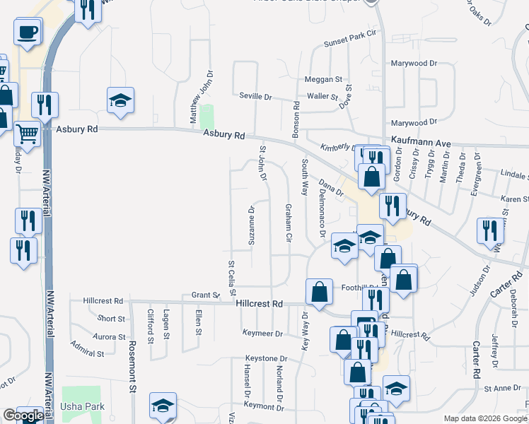 map of restaurants, bars, coffee shops, grocery stores, and more near 2233 Saint John Drive in Dubuque