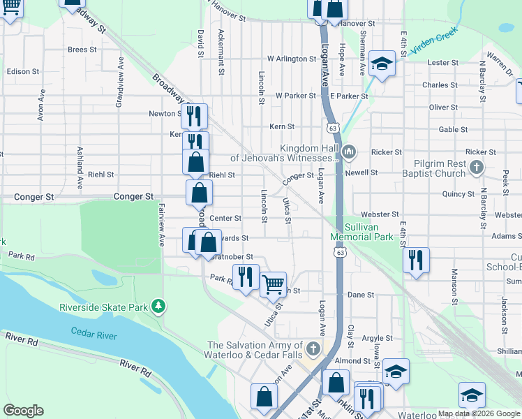 map of restaurants, bars, coffee shops, grocery stores, and more near 611 Lincoln Street in Waterloo