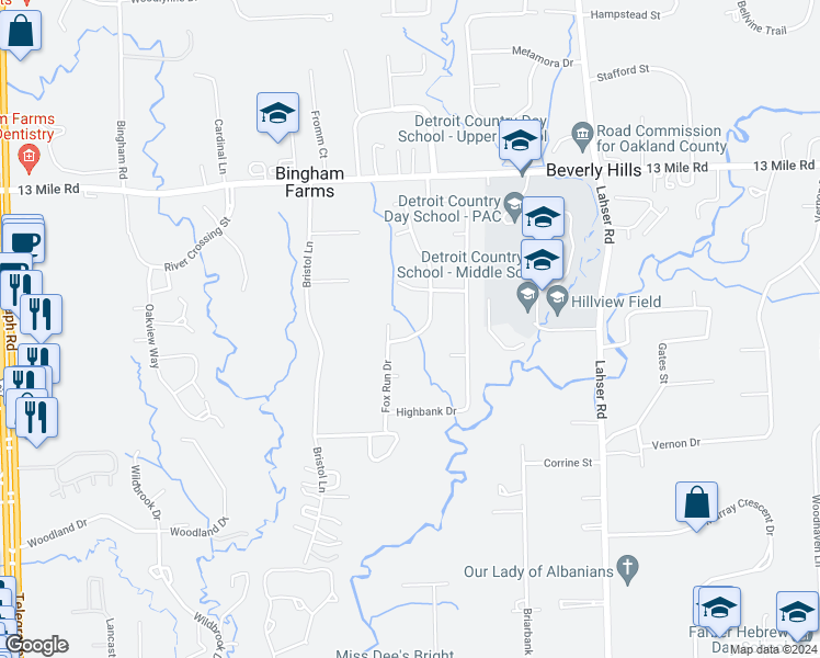 map of restaurants, bars, coffee shops, grocery stores, and more near 30347 Georgetown Drive in Beverly Hills