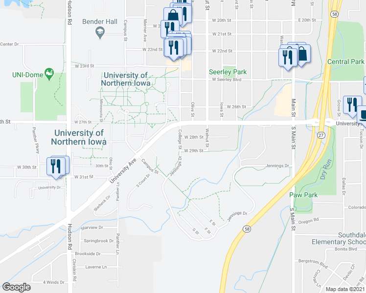 map of restaurants, bars, coffee shops, grocery stores, and more near 2824 College Street in Cedar Falls