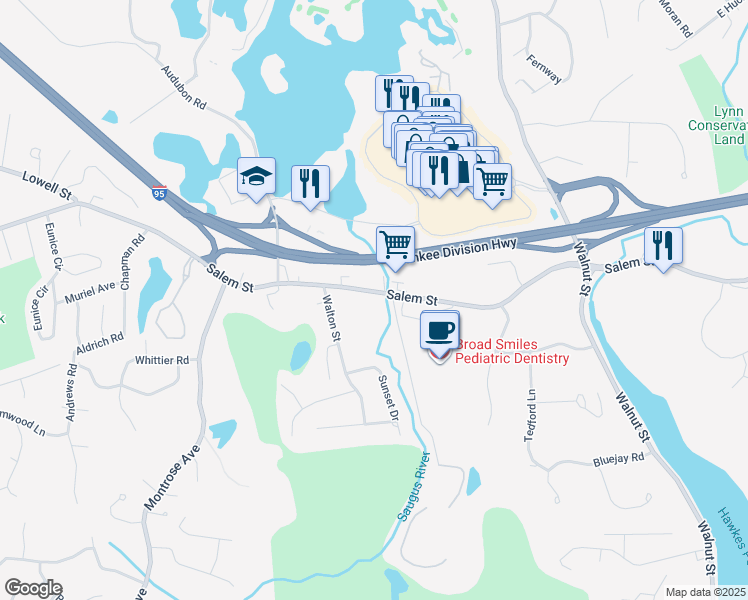map of restaurants, bars, coffee shops, grocery stores, and more near 2 Salem Street in Lynnfield