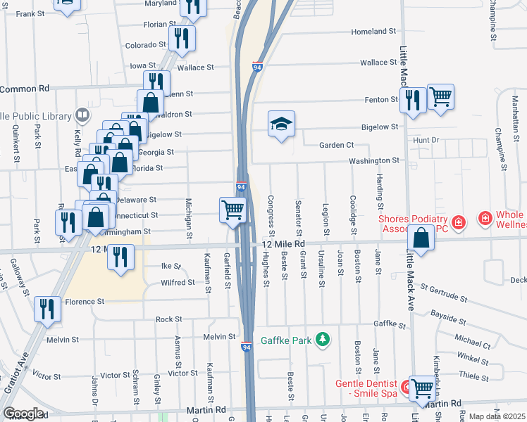 map of restaurants, bars, coffee shops, grocery stores, and more near 29141 Congress Street in Roseville
