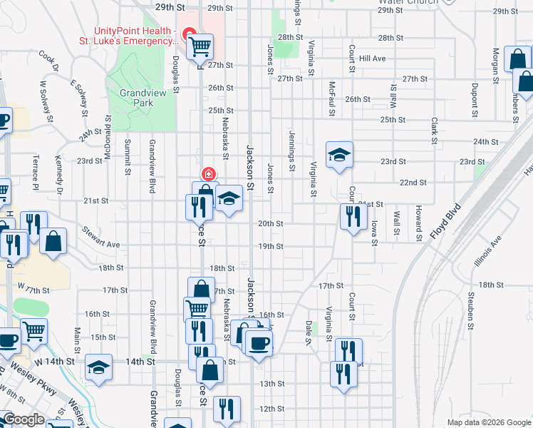map of restaurants, bars, coffee shops, grocery stores, and more near 807 20th Street in Sioux City