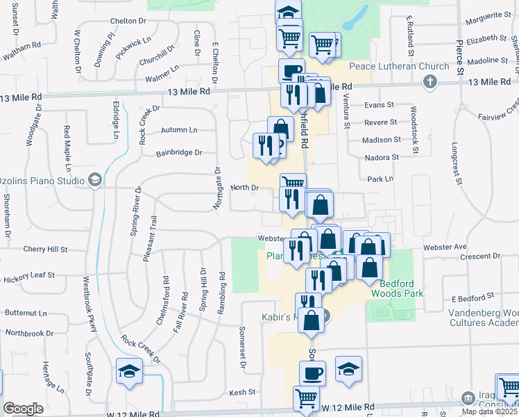 map of restaurants, bars, coffee shops, grocery stores, and more near 18300 South Drive in Southfield