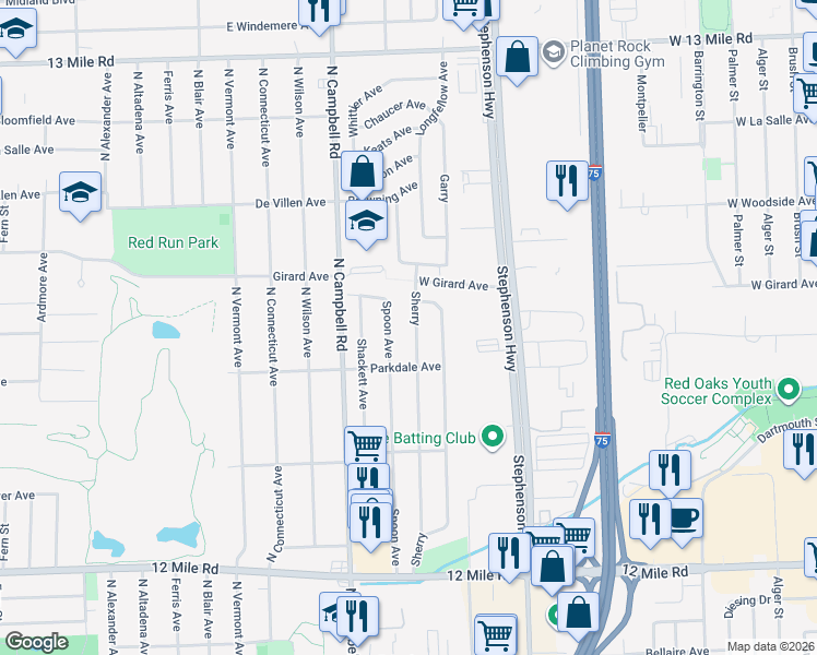 map of restaurants, bars, coffee shops, grocery stores, and more near 29681 Sherry Avenue in Madison Heights