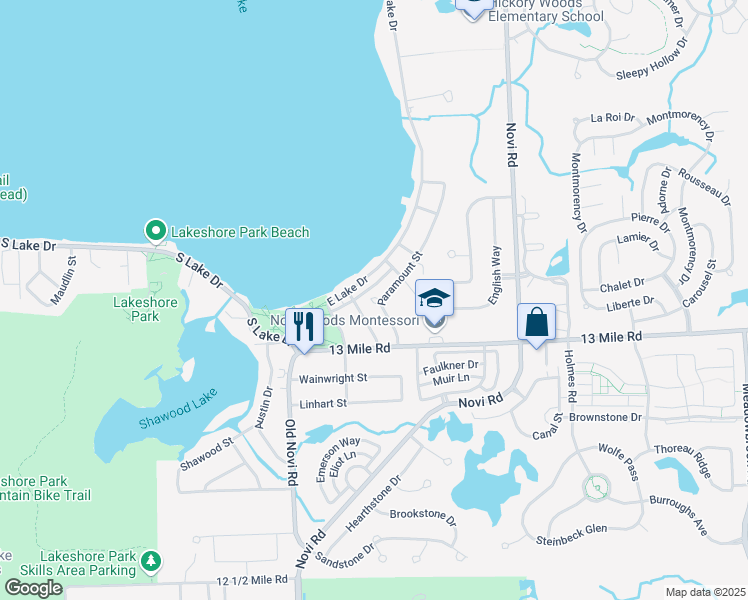 map of restaurants, bars, coffee shops, grocery stores, and more near 1728 Paramount Street in Novi