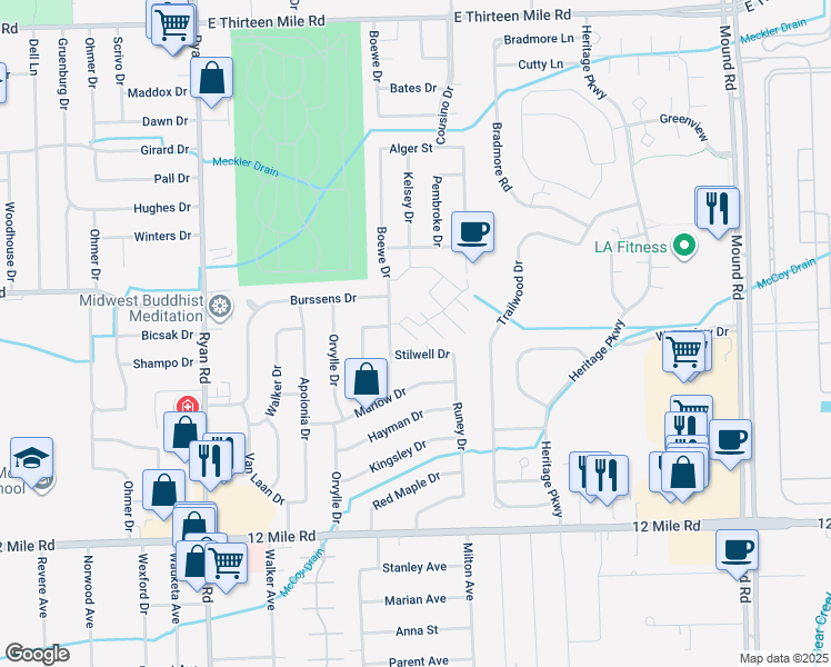 map of restaurants, bars, coffee shops, grocery stores, and more near 29650 Beech Nut Drive in Warren