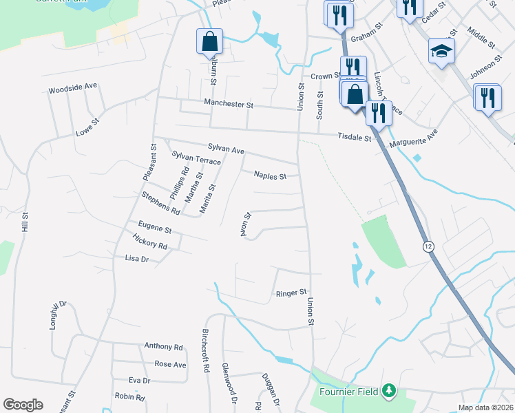 map of restaurants, bars, coffee shops, grocery stores, and more near 134 Avon Street in Leominster