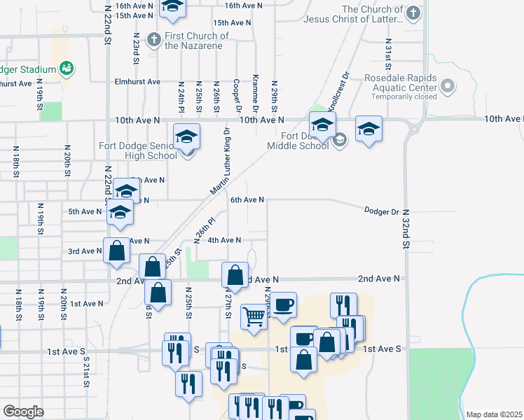 map of restaurants, bars, coffee shops, grocery stores, and more near 533 North 28th Street in Fort Dodge