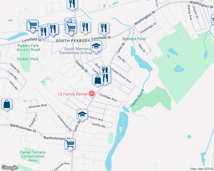map of restaurants, bars, coffee shops, grocery stores, and more near 96 Lynn Street in Peabody