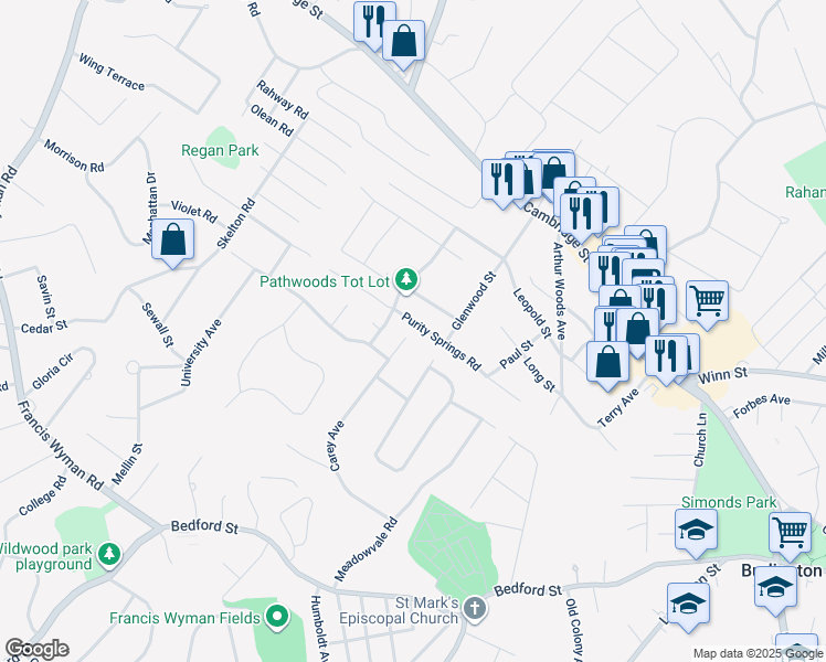 map of restaurants, bars, coffee shops, grocery stores, and more near 36 Purity Springs Road in Burlington
