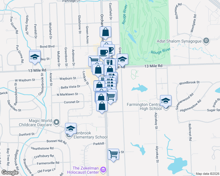 map of restaurants, bars, coffee shops, grocery stores, and more near 29216 Orchard Lake Road in Farmington Hills