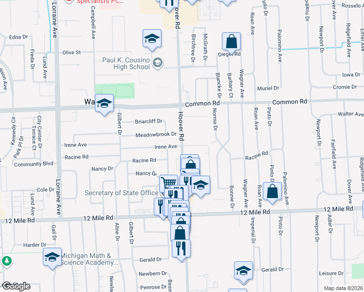 map of restaurants, bars, coffee shops, grocery stores, and more near 29644 Hoover Road in Warren