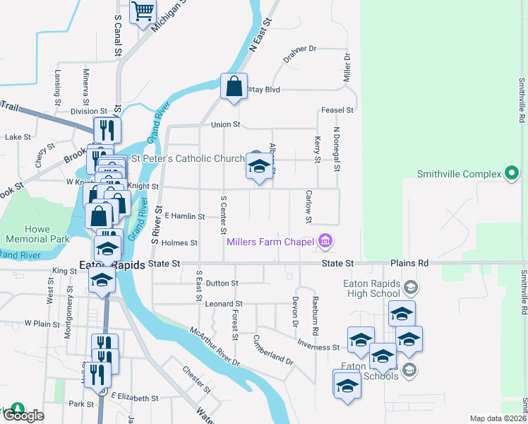 map of restaurants, bars, coffee shops, grocery stores, and more near 106 Meath Road in Eaton Rapids
