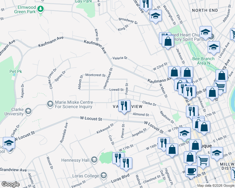map of restaurants, bars, coffee shops, grocery stores, and more near 2235 Schroeder Street in Dubuque