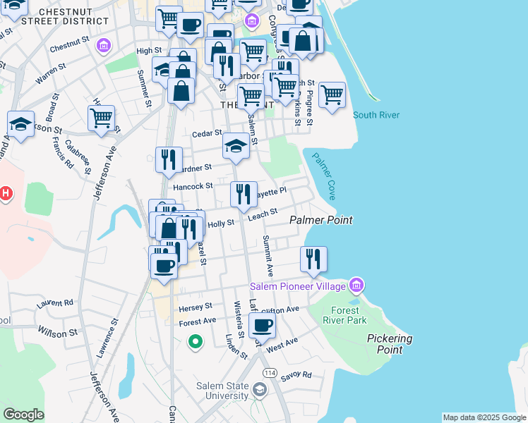 map of restaurants, bars, coffee shops, grocery stores, and more near 38 Leach Street in Salem