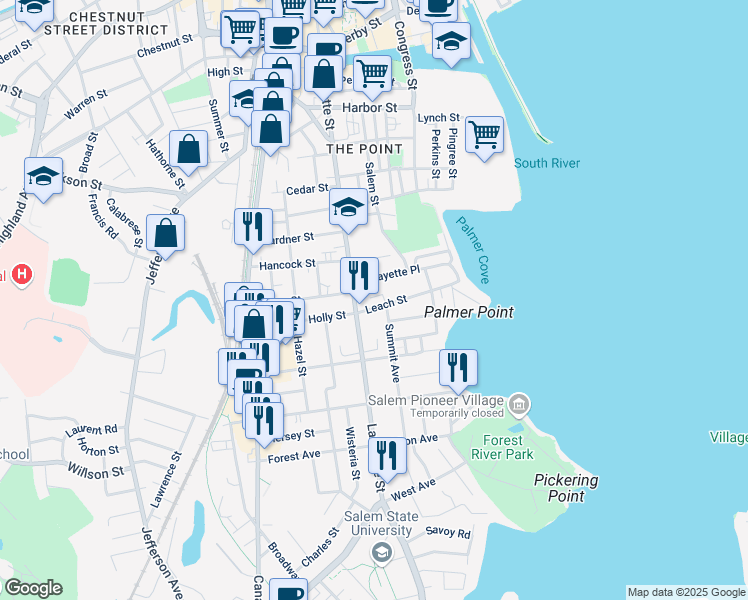 map of restaurants, bars, coffee shops, grocery stores, and more near 235 Lafayette Street in Salem