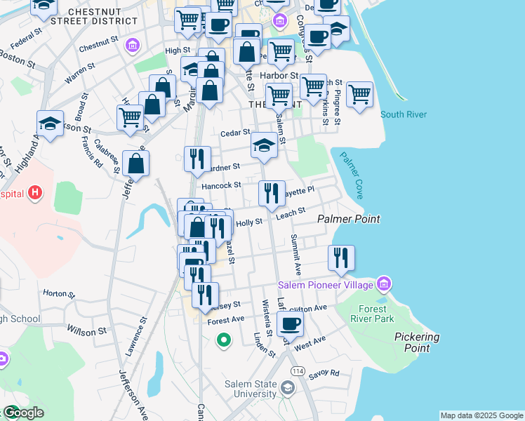 map of restaurants, bars, coffee shops, grocery stores, and more near 9 Roslyn Street in Salem
