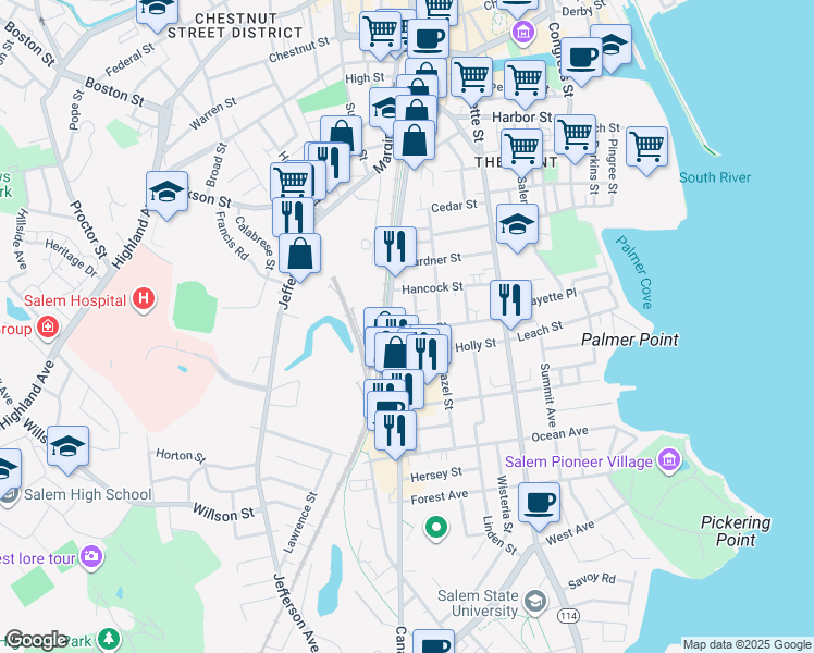 map of restaurants, bars, coffee shops, grocery stores, and more near 46 Roslyn Street in Salem