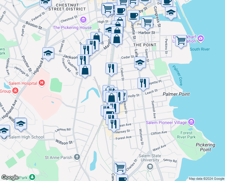 map of restaurants, bars, coffee shops, grocery stores, and more near 46 Roslyn Street in Salem