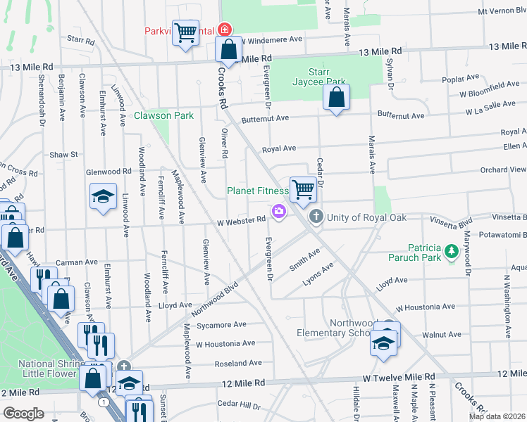 map of restaurants, bars, coffee shops, grocery stores, and more near 2505 Galpin Avenue in Royal Oak