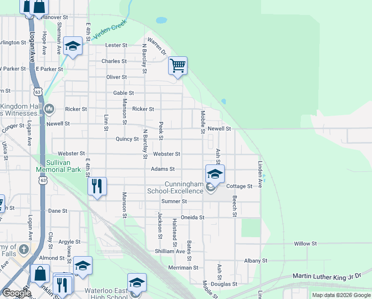 map of restaurants, bars, coffee shops, grocery stores, and more near 601-699 Webster Street in Waterloo
