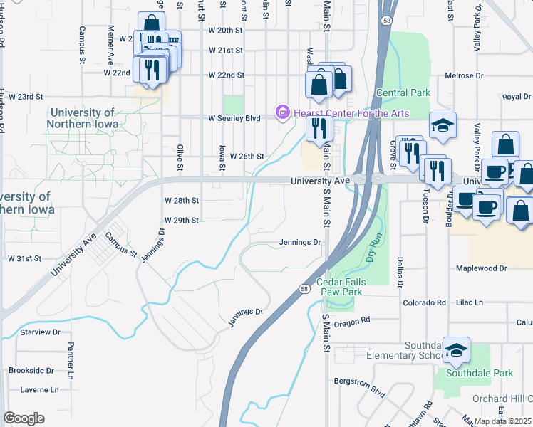 map of restaurants, bars, coffee shops, grocery stores, and more near 7501-7511 University Avenue in Cedar Falls