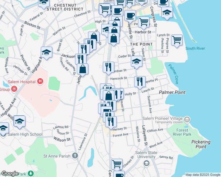 map of restaurants, bars, coffee shops, grocery stores, and more near 46 Roslyn St in Salem