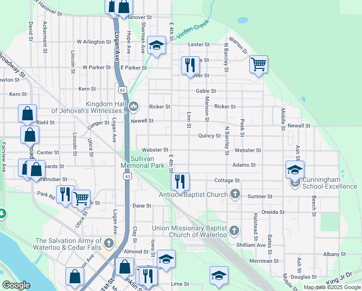 map of restaurants, bars, coffee shops, grocery stores, and more near 1500 East 4th Street in Waterloo