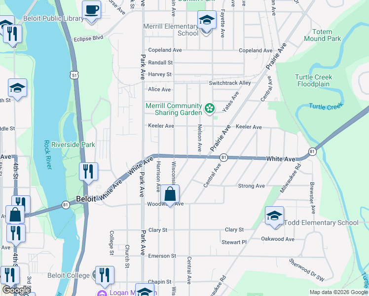 map of restaurants, bars, coffee shops, grocery stores, and more near 1218 Dewey Avenue in Beloit