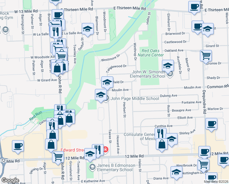 map of restaurants, bars, coffee shops, grocery stores, and more near 846 Moulin Avenue in Madison Heights