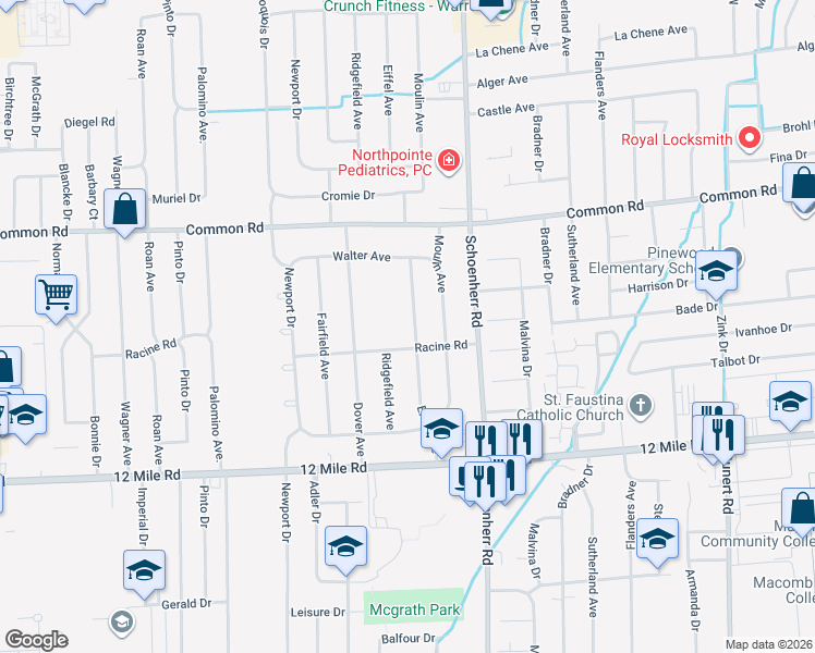 map of restaurants, bars, coffee shops, grocery stores, and more near 29531 Eiffel Avenue in Warren