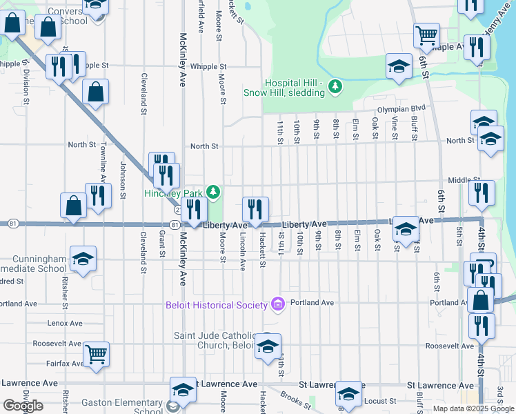 map of restaurants, bars, coffee shops, grocery stores, and more near 1128 Hackett Street in Beloit