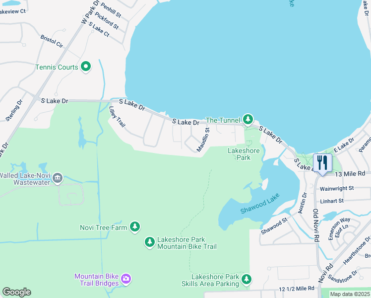 map of restaurants, bars, coffee shops, grocery stores, and more near 1127 South Lake Drive in Novi