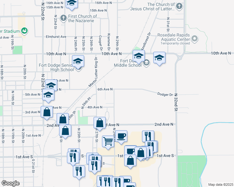 map of restaurants, bars, coffee shops, grocery stores, and more near 2905 Dodger Drive in Fort Dodge
