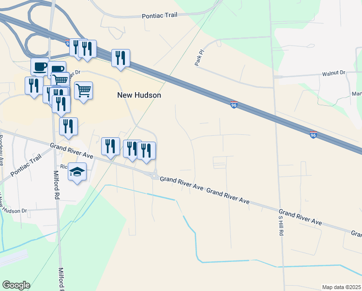 map of restaurants, bars, coffee shops, grocery stores, and more near 30075 Research Drive in Lyon Charter Township
