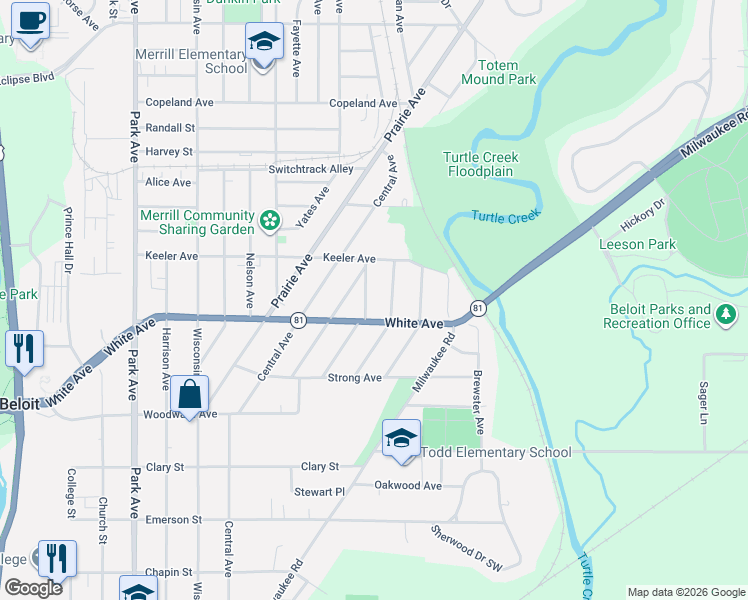 map of restaurants, bars, coffee shops, grocery stores, and more near 1218 Hinsdale Avenue in Beloit