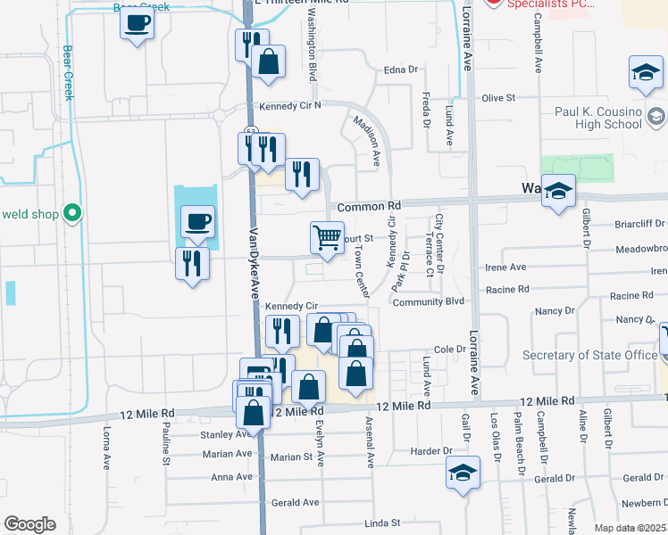 map of restaurants, bars, coffee shops, grocery stores, and more near 1 City Square in Warren