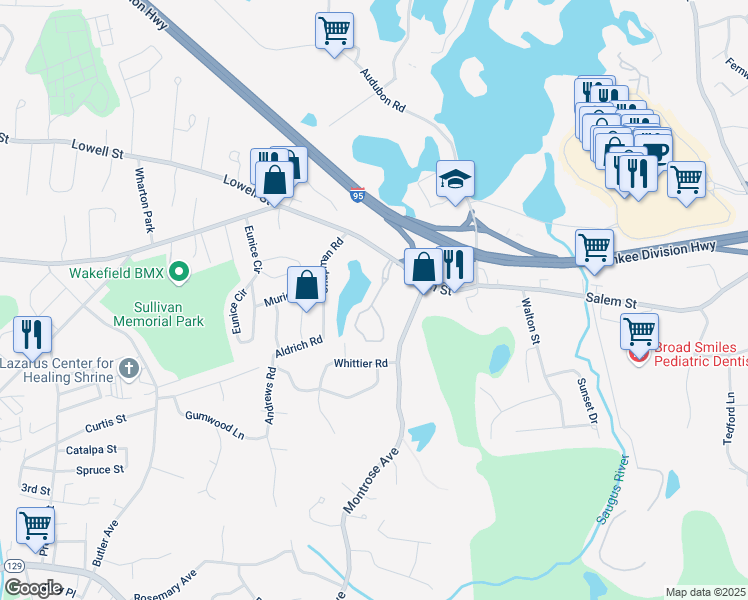 map of restaurants, bars, coffee shops, grocery stores, and more near Heron Pond in Wakefield