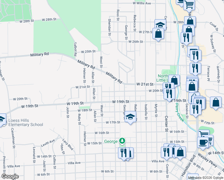 map of restaurants, bars, coffee shops, grocery stores, and more near 2001 West 20th Street in Sioux City